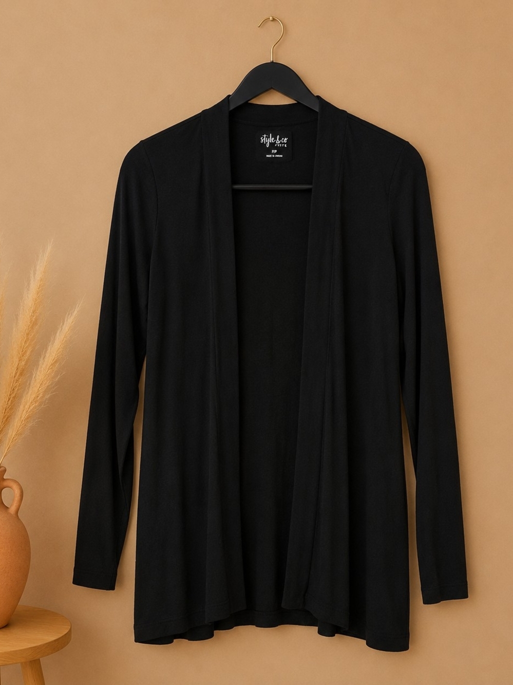 Style & Co. Black Open Drape Front Cardigan